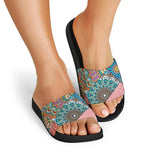 Patchwork Mandala Bohemian Pattern Print Black Slide Sandals