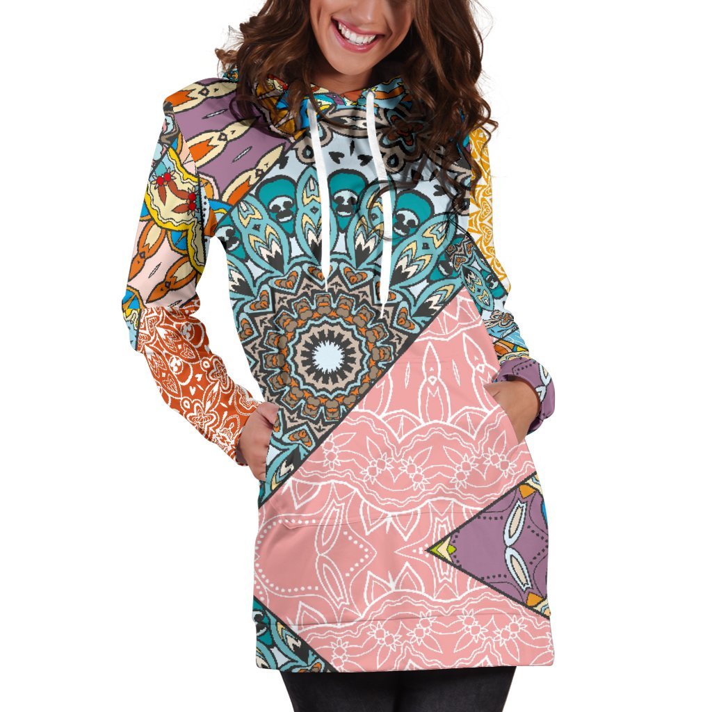 Patchwork Mandala Bohemian Pattern Print Hoodie Dress GearFrost