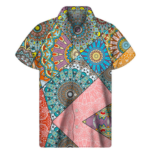 Patchwork Mandala Bohemian Pattern Print Men's Short Sleeve Shirt