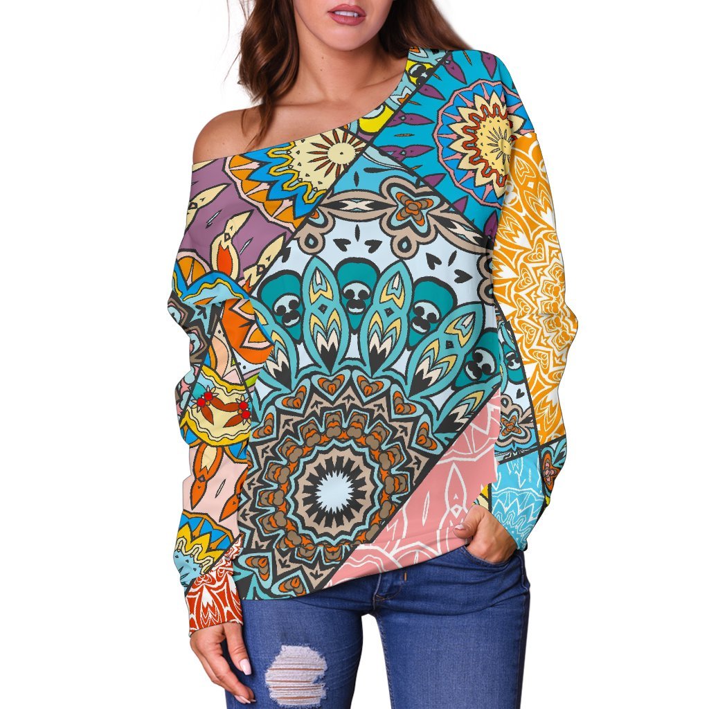 Patchwork Mandala Bohemian Pattern Print Off Shoulder Sweatshirt GearFrost