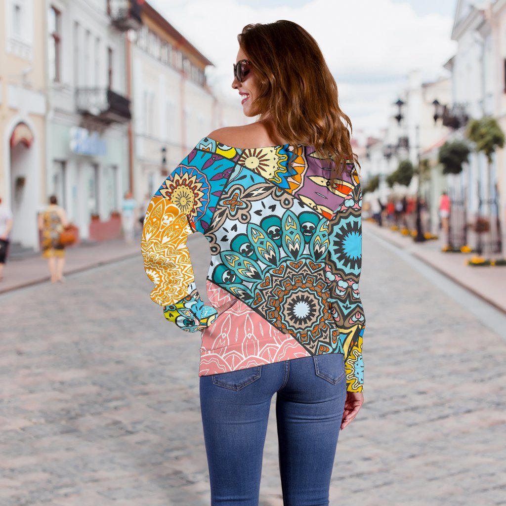 Patchwork Mandala Bohemian Pattern Print Off Shoulder Sweatshirt GearFrost