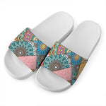 Patchwork Mandala Bohemian Pattern Print White Slide Sandals