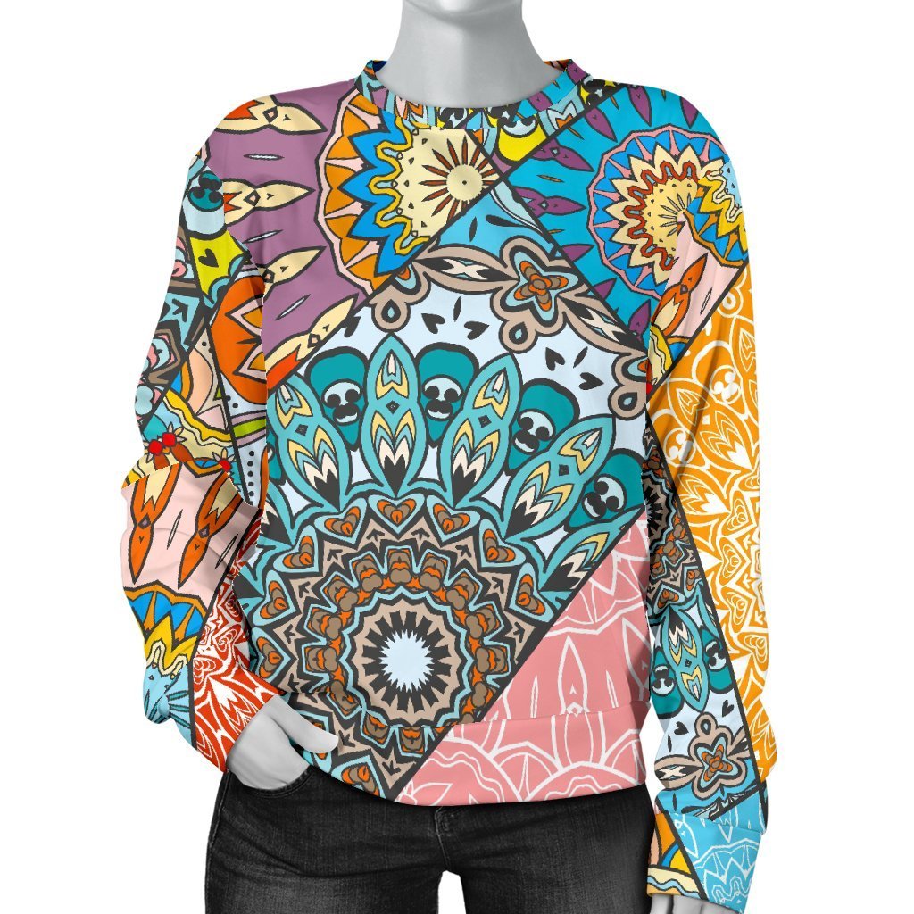 Patchwork Mandala Bohemian Pattern Print Women's Crewneck Sweatshirt GearFrost