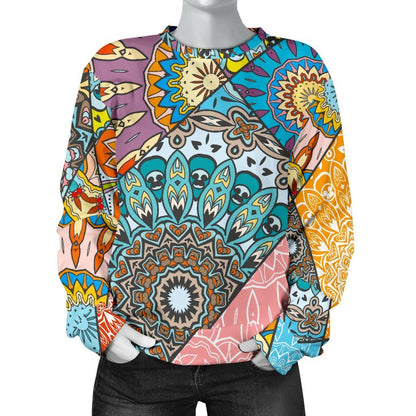 Patchwork Mandala Bohemian Pattern Print Women's Crewneck Sweatshirt GearFrost