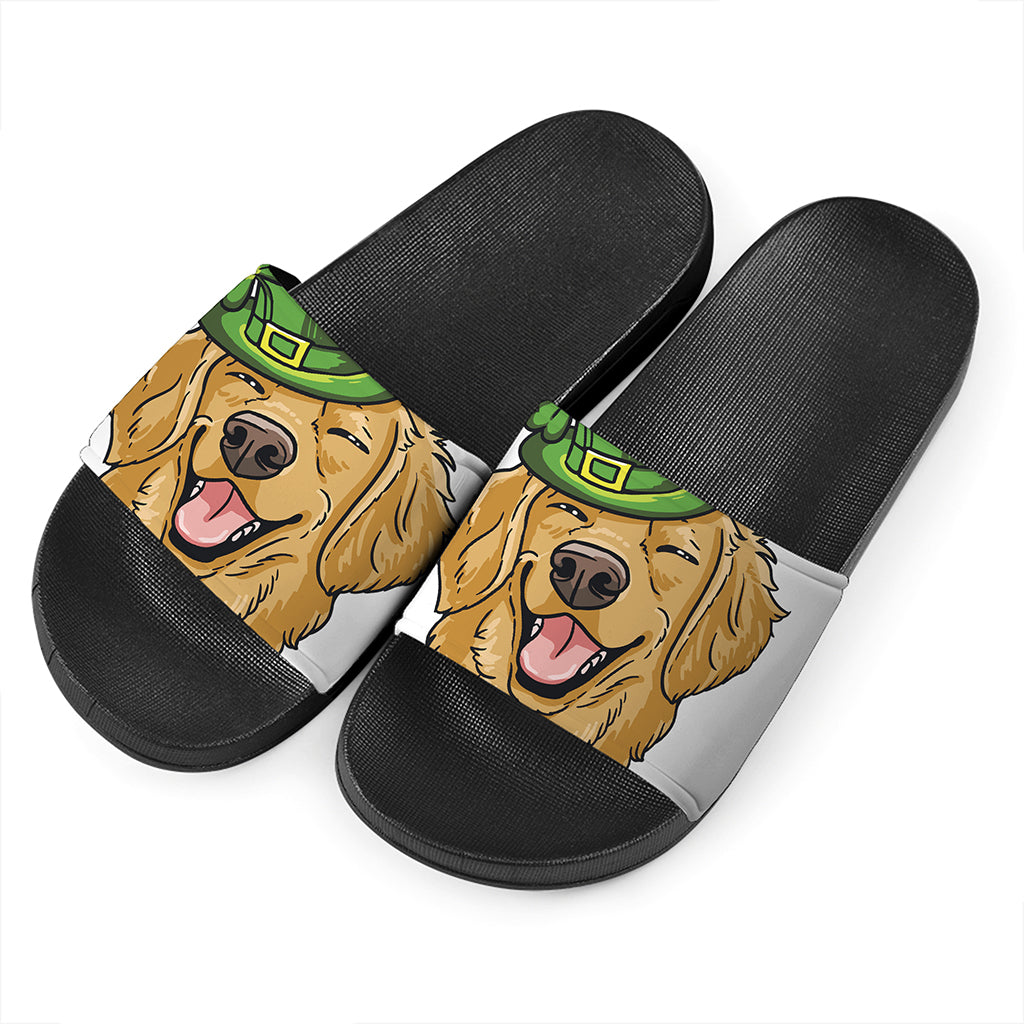 Patrick's Day Golden Retriever Print Black Slide Sandals