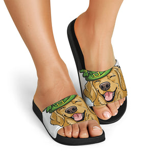 Patrick's Day Golden Retriever Print Black Slide Sandals