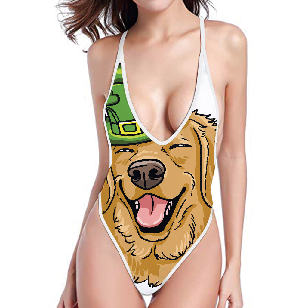 Patrick's Day Golden Retriever Print High Cut One Piece Swimsuit