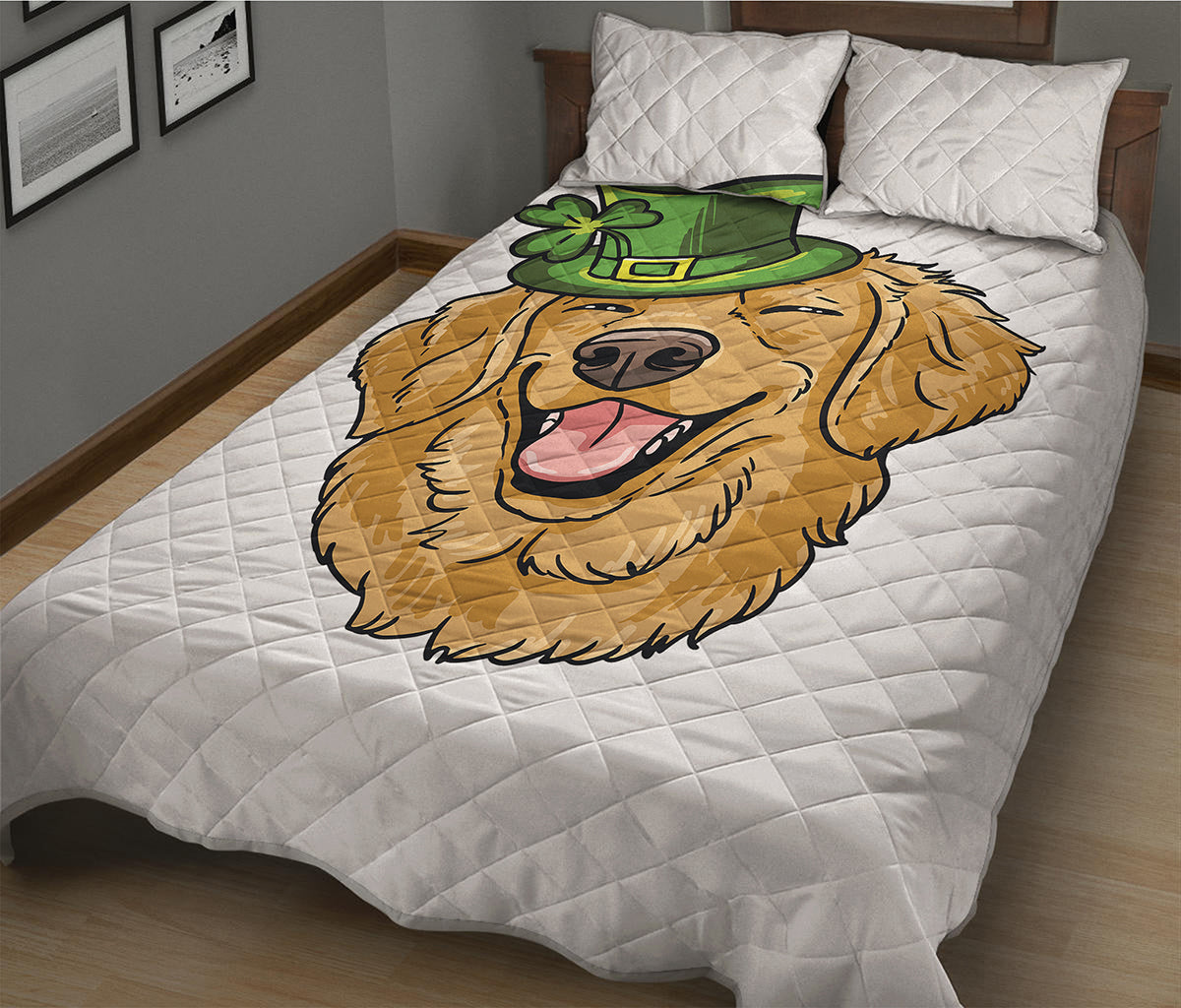 Patrick's Day Golden Retriever Print Quilt Bed Set