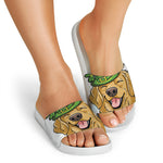 Patrick's Day Golden Retriever Print White Slide Sandals