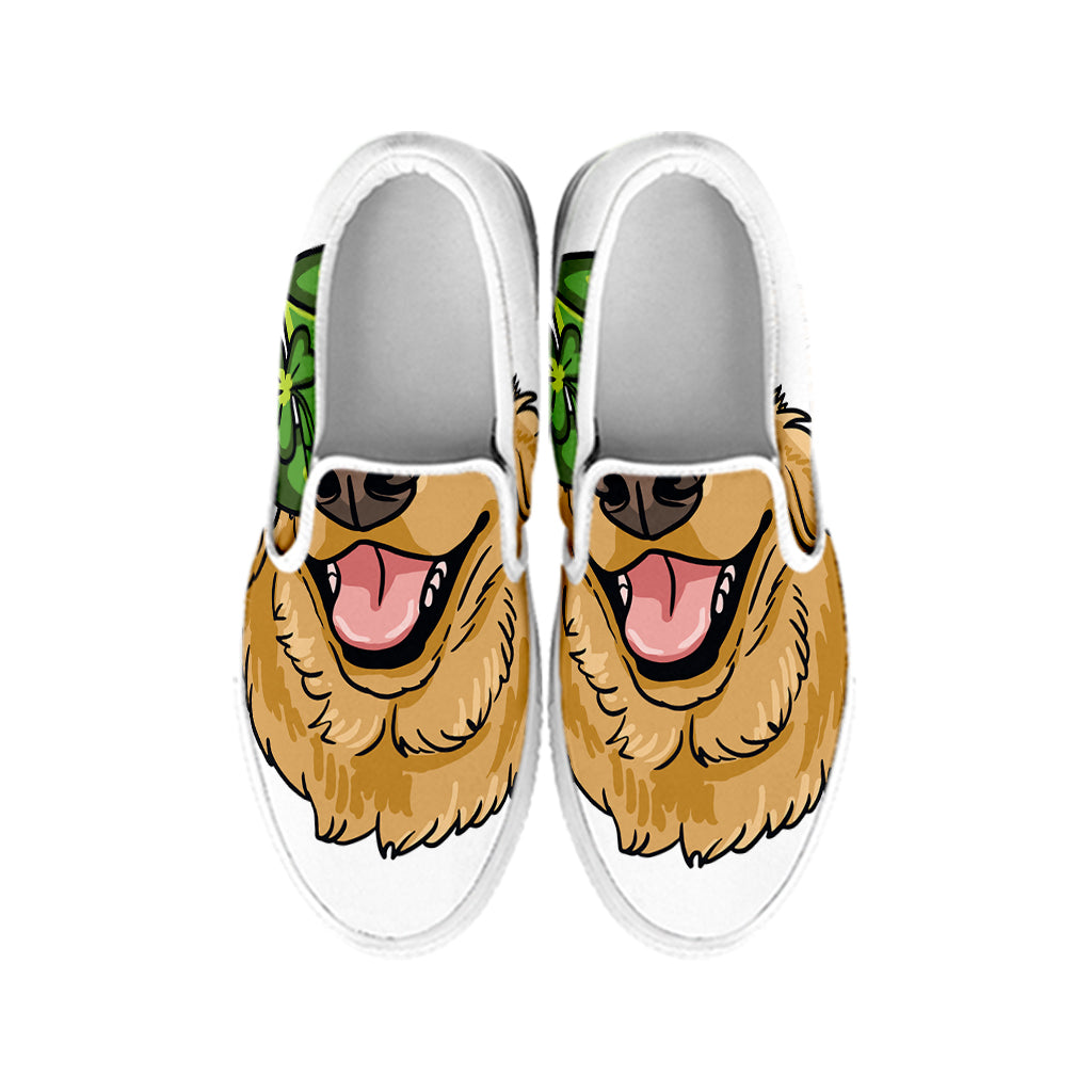 Patrick's Day Golden Retriever Print White Slip On Shoes