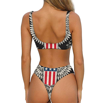 Patriotic USA Eagle Print Front Bow Tie Bikini