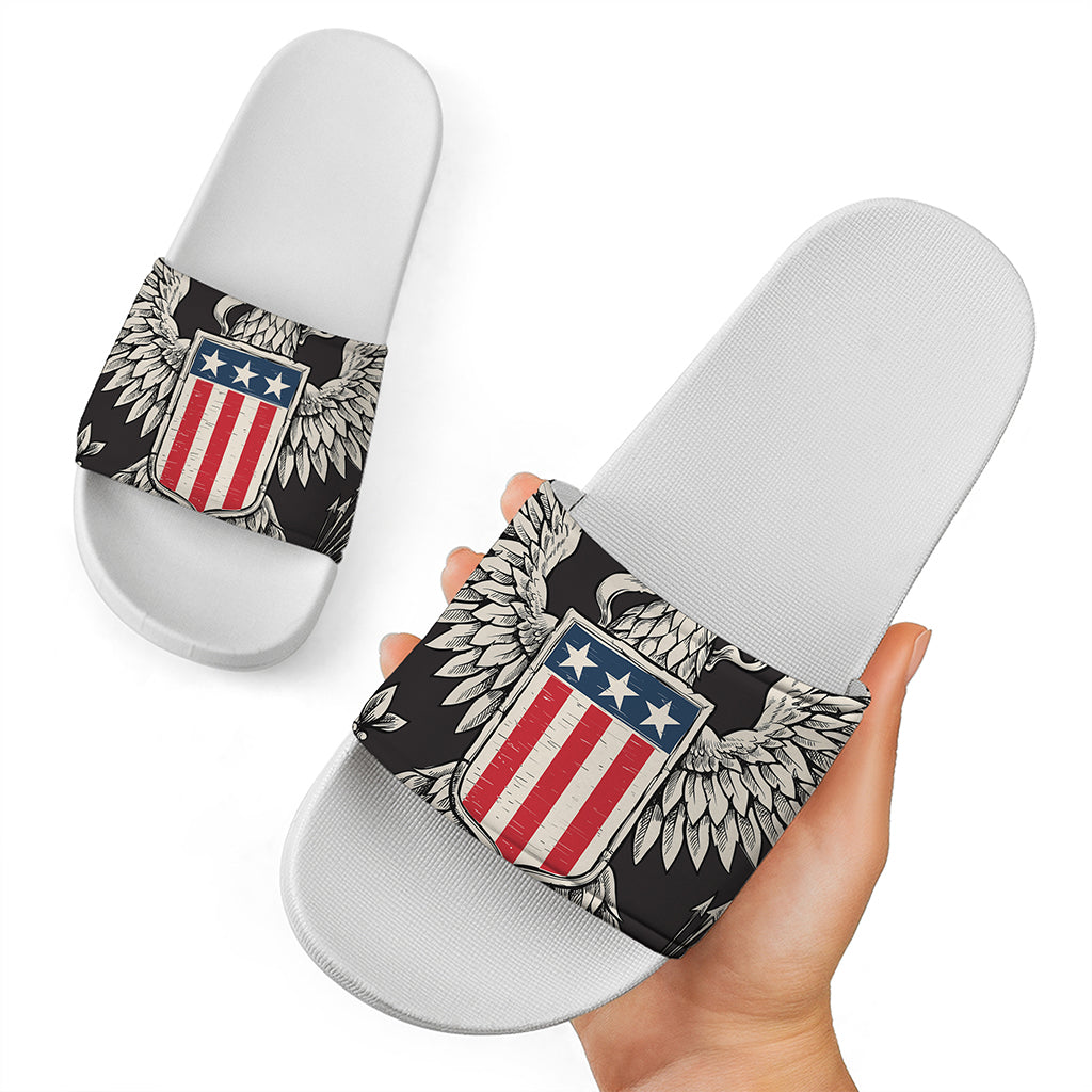 Patriotic USA Eagle Print White Slide Sandals