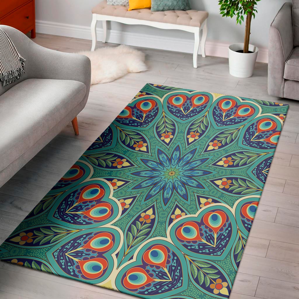 Peacock Feather Floral Pattern Print Area Rug