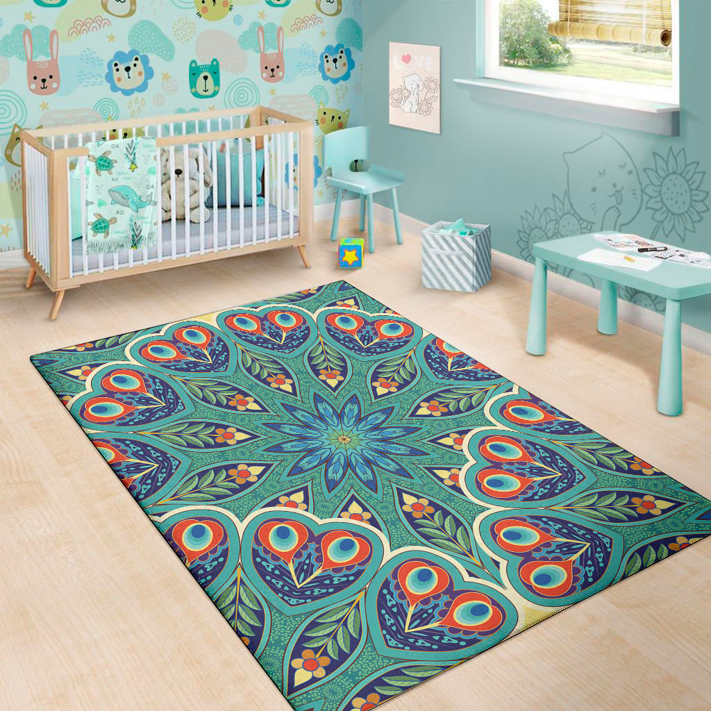Peacock Feather Floral Pattern Print Area Rug