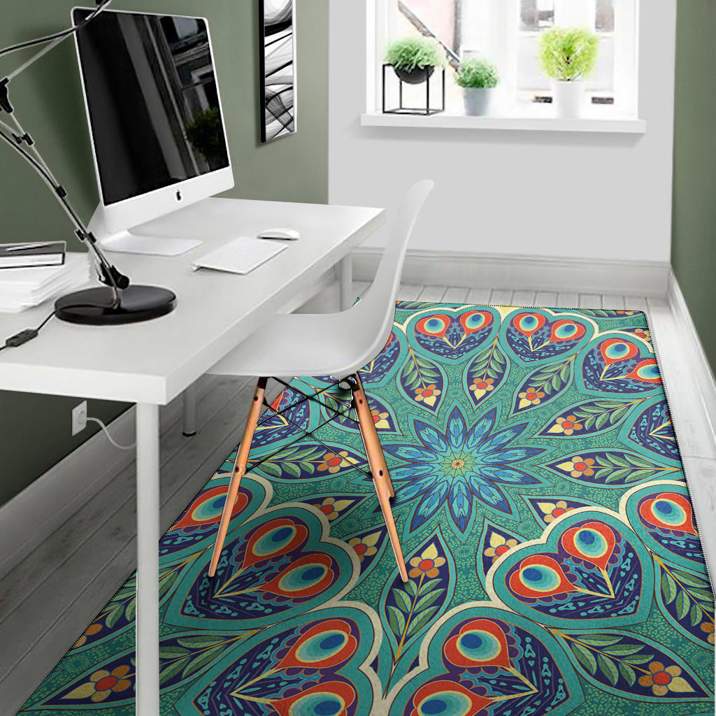 Peacock Feather Floral Pattern Print Area Rug