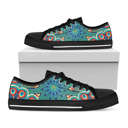Peacock Feather Floral Pattern Print Black Low Top Shoes
