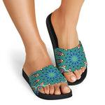 Peacock Feather Floral Pattern Print Black Slide Sandals