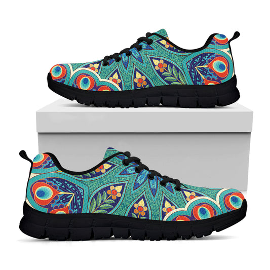 Peacock Feather Floral Pattern Print Black Sneakers