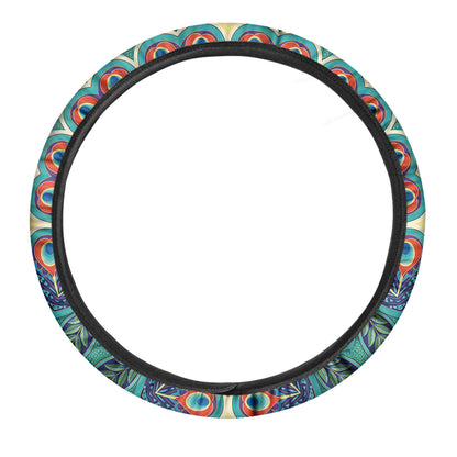 Peacock Feather Floral Pattern Print Car Steering Wheel Cover