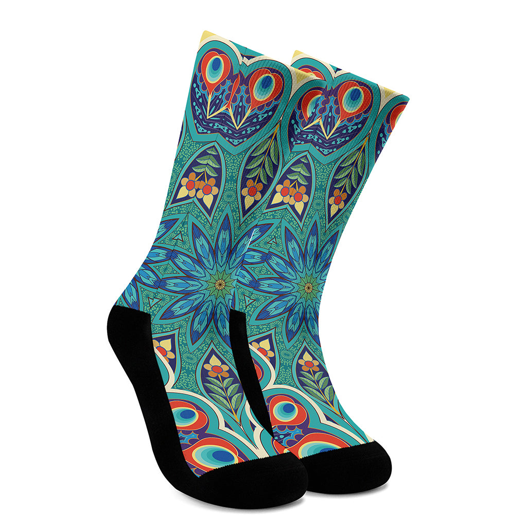 Peacock Feather Floral Pattern Print Crew Socks