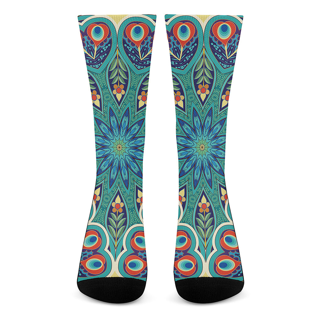 Peacock Feather Floral Pattern Print Crew Socks