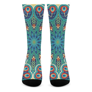 Peacock Feather Floral Pattern Print Crew Socks