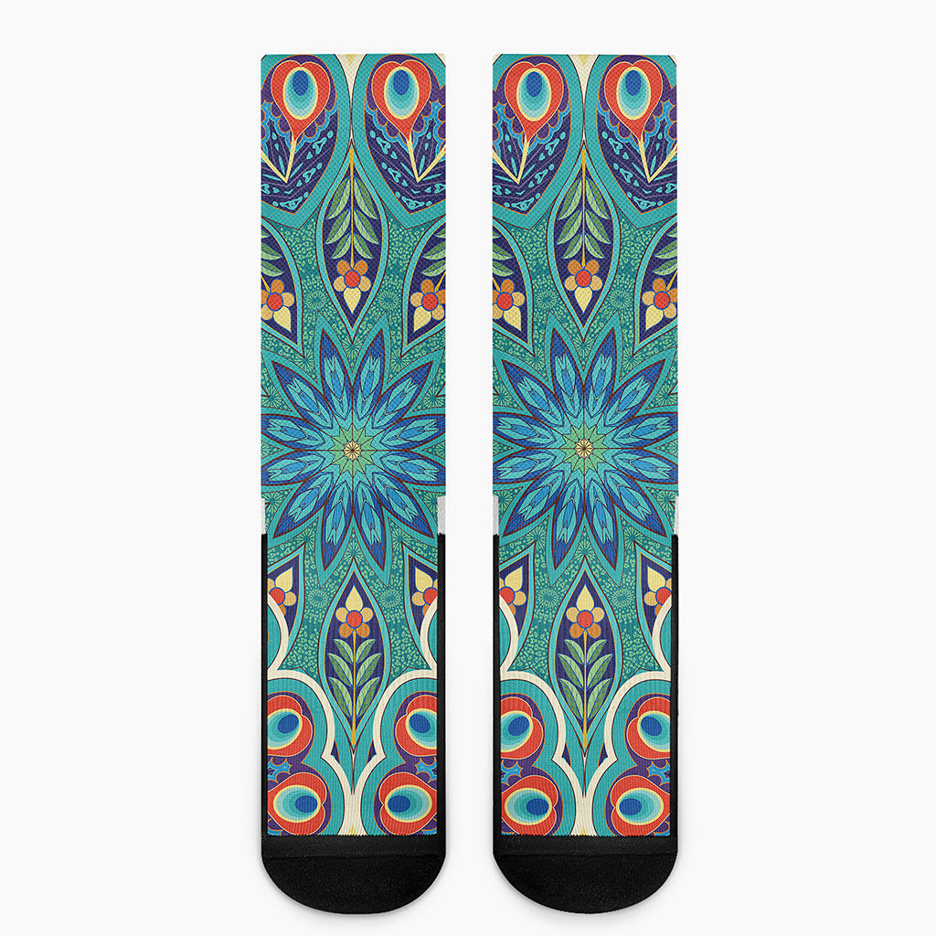 Peacock Feather Floral Pattern Print Crew Socks