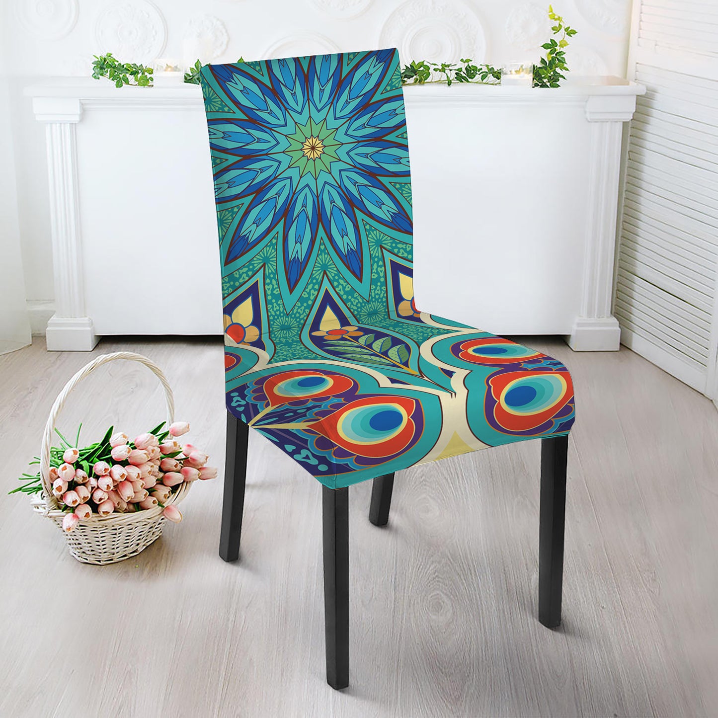 Peacock Feather Floral Pattern Print Dining Chair Slipcover