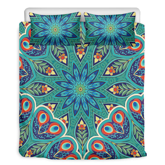 Peacock Feather Floral Pattern Print Duvet Cover Bedding Set