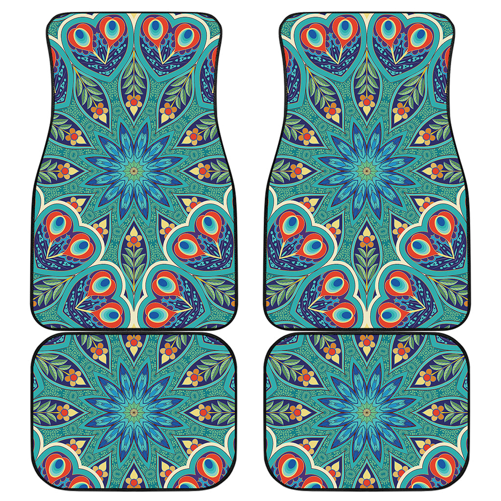 Peacock Feather Floral Pattern Print Front and Back Car Floor Mats