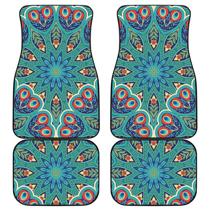 Peacock Feather Floral Pattern Print Front and Back Car Floor Mats