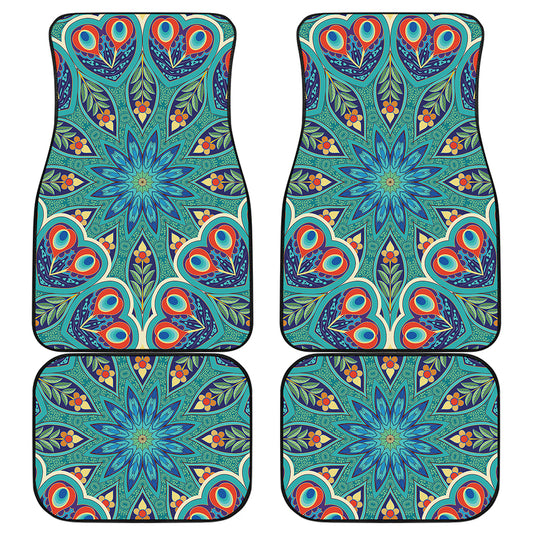 Peacock Feather Floral Pattern Print Front and Back Car Floor Mats