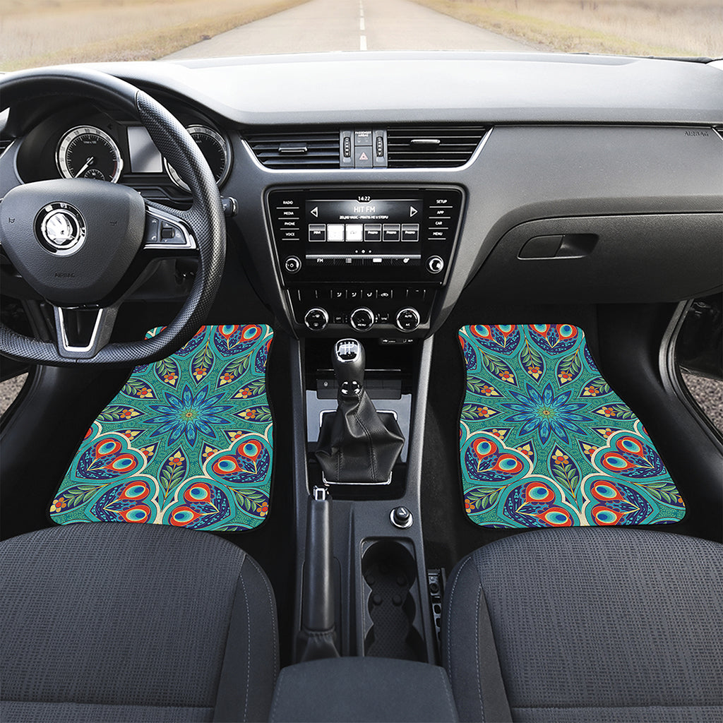 Peacock Feather Floral Pattern Print Front and Back Car Floor Mats