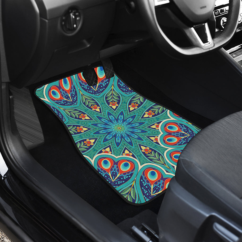 Peacock Feather Floral Pattern Print Front and Back Car Floor Mats