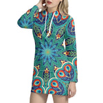 Peacock Feather Floral Pattern Print Hoodie Dress