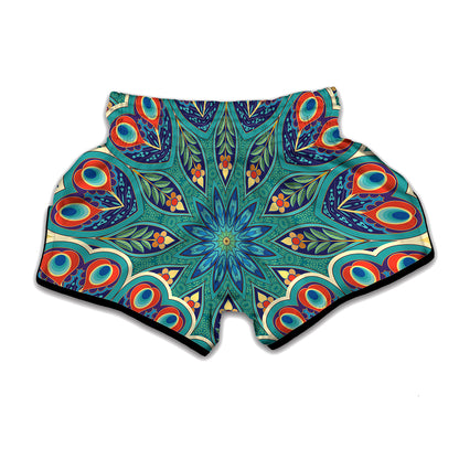 Peacock Feather Floral Pattern Print Muay Thai Boxing Shorts