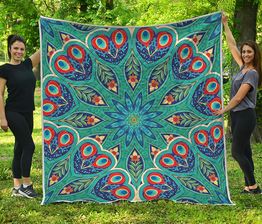 Peacock Feather Floral Pattern Print Quilt