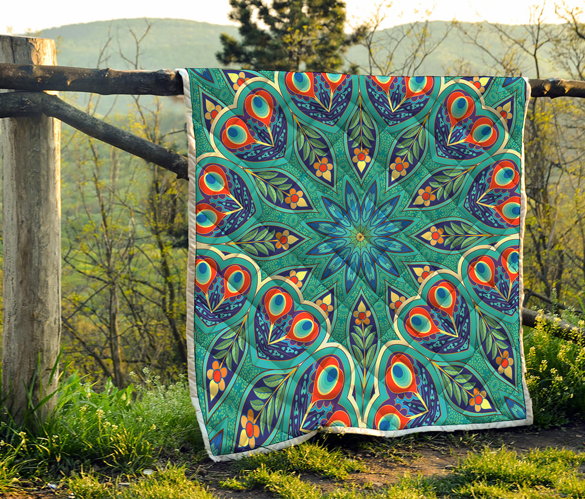 Peacock Feather Floral Pattern Print Quilt