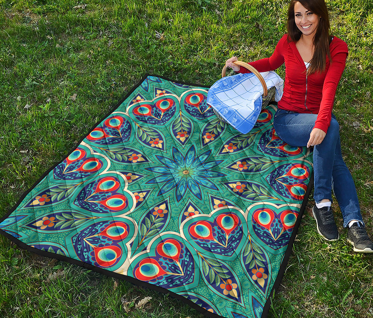 Peacock Feather Floral Pattern Print Quilt