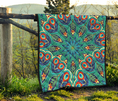 Peacock Feather Floral Pattern Print Quilt