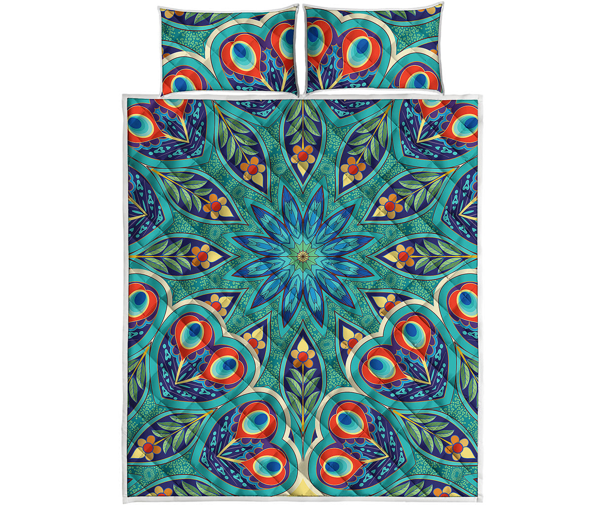 Peacock Feather Floral Pattern Print Quilt Bed Set