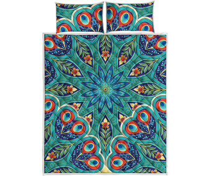 Peacock Feather Floral Pattern Print Quilt Bed Set