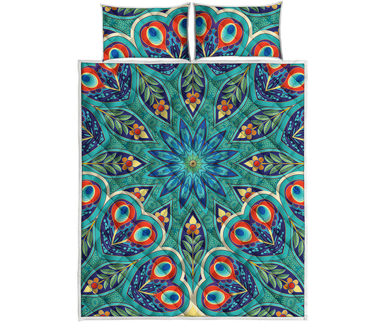 Peacock Feather Floral Pattern Print Quilt Bed Set