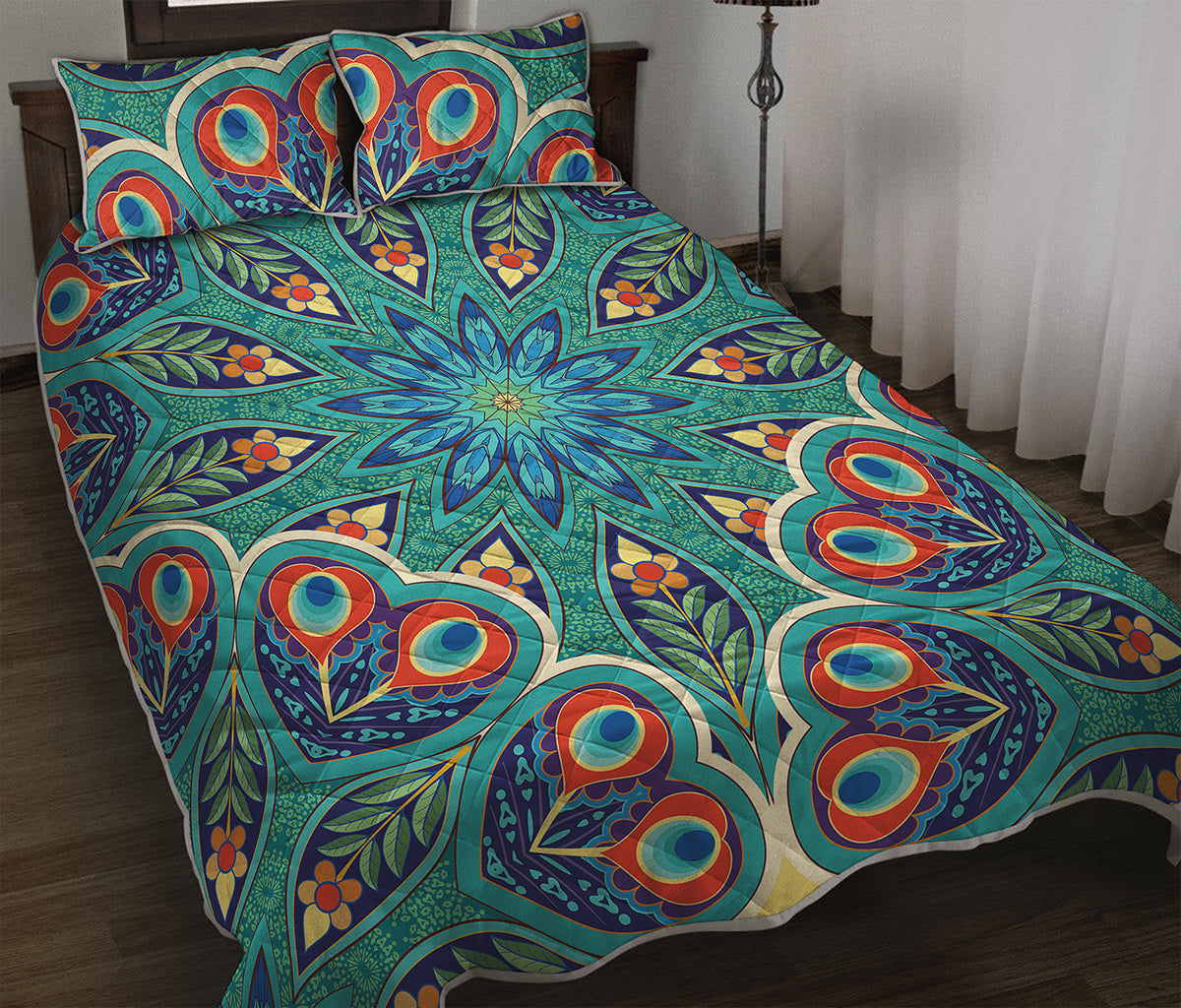 Peacock Feather Floral Pattern Print Quilt Bed Set