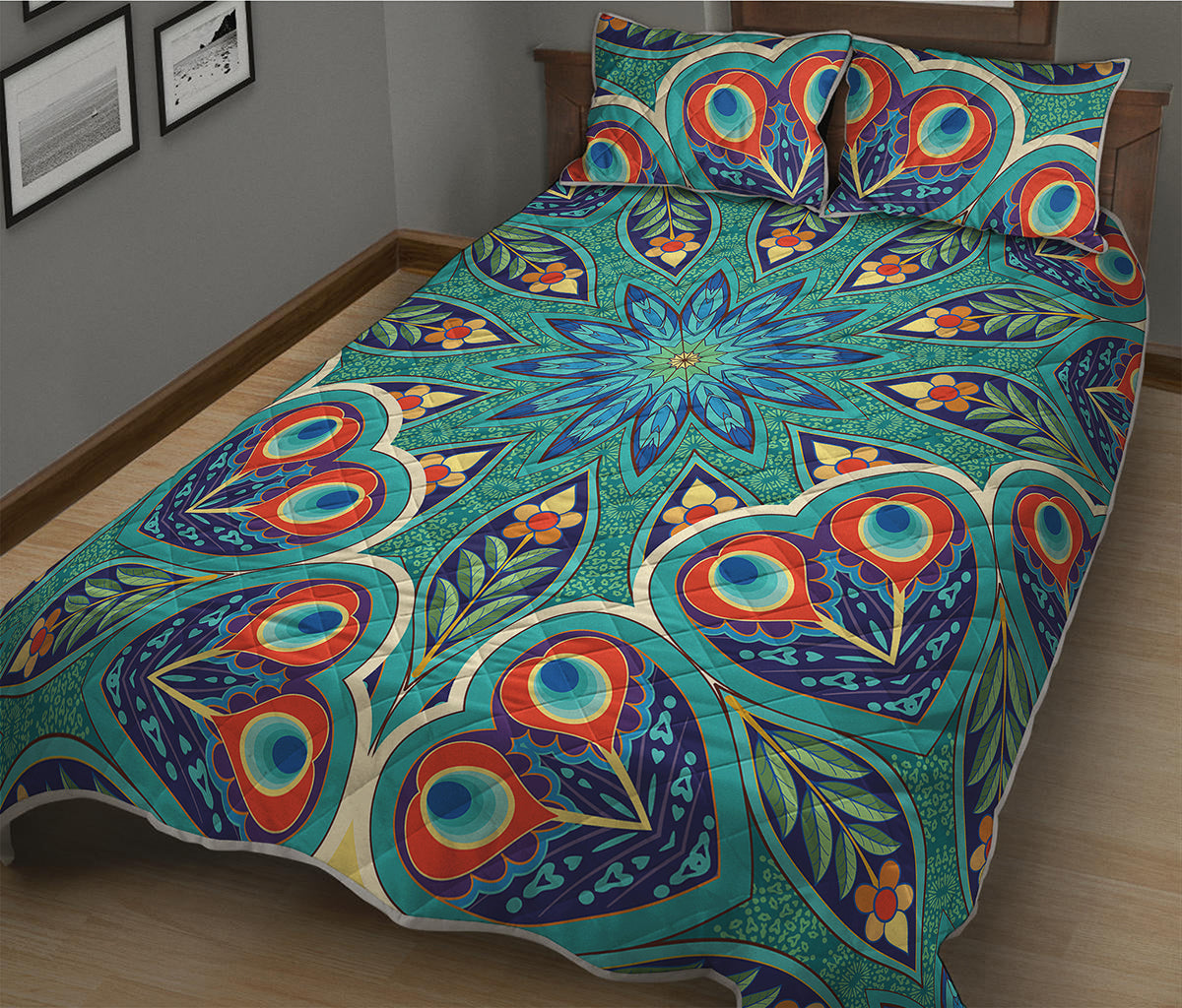 Peacock Feather Floral Pattern Print Quilt Bed Set