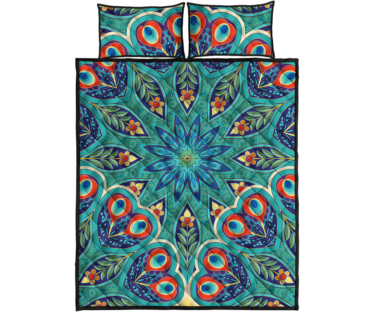 Peacock Feather Floral Pattern Print Quilt Bed Set