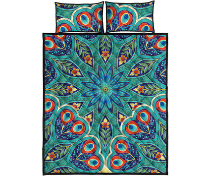 Peacock Feather Floral Pattern Print Quilt Bed Set
