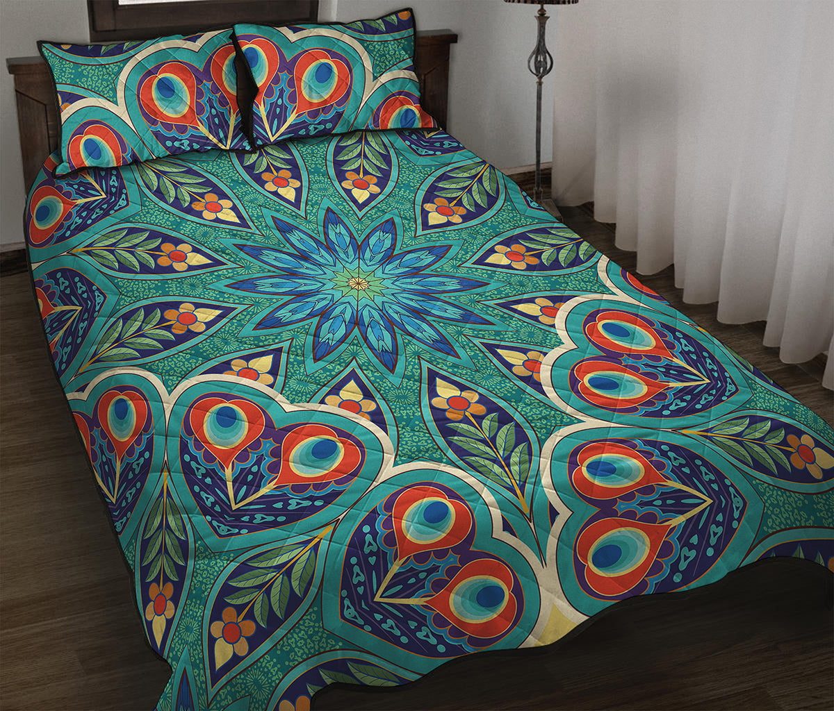 Peacock Feather Floral Pattern Print Quilt Bed Set
