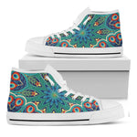 Peacock Feather Floral Pattern Print White High Top Shoes