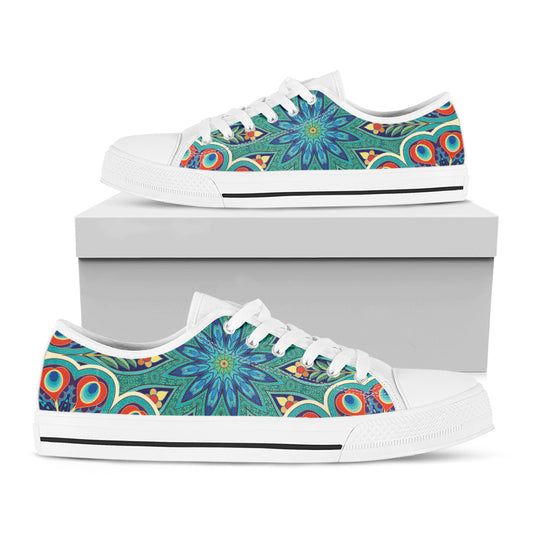 Peacock Feather Floral Pattern Print White Low Top Shoes